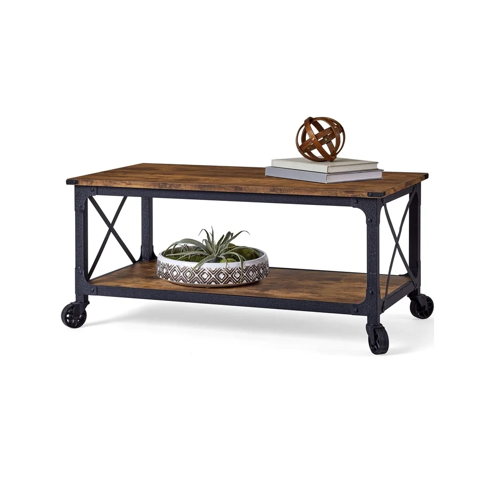 Rustic Coffee Table Weathered Pine Finish Industrial Design Open Shelving Multi-functional TV Stand with Locking Casters Indoor