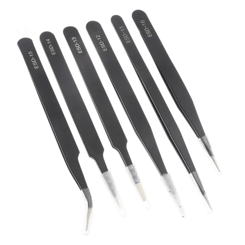 1pc Anti-Static Tweezers ESD Thickness 1.5mm Black Stainless Steel Super Fine Bent Tip Repair clamping tool clip
