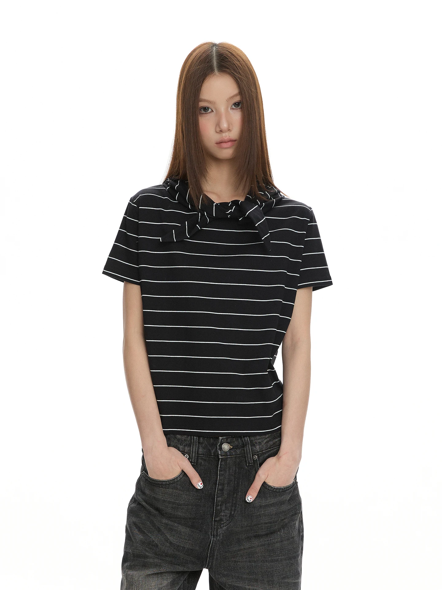 

Женская футболка VATTY в американском ретро-стиле с завязками, свободного кроя, с полосками, укороченная, с коротким рукавом, визуально стройнящая фигуру