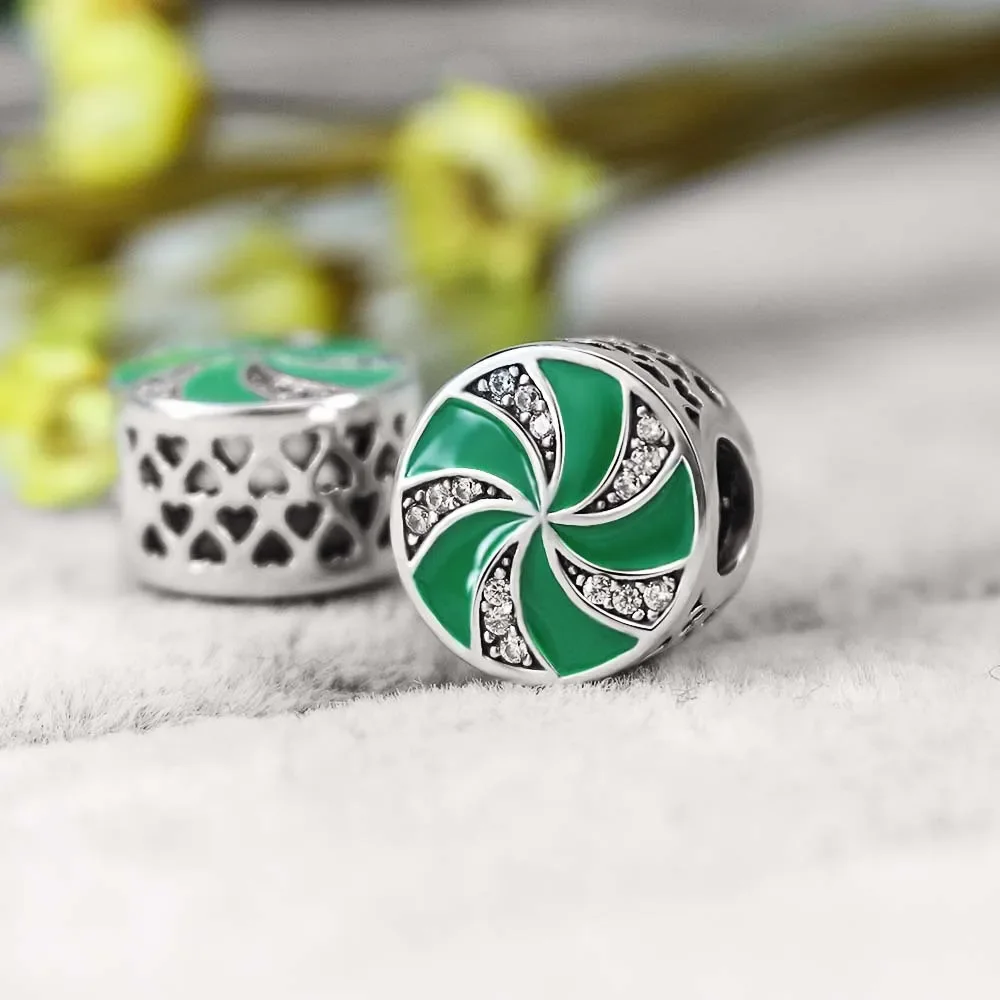 Handicraft Bracelet Beads Made of Sterling 925  Silver and Zircon,Drum-shape Design with Hollow Heart Carving and Green Ribbon