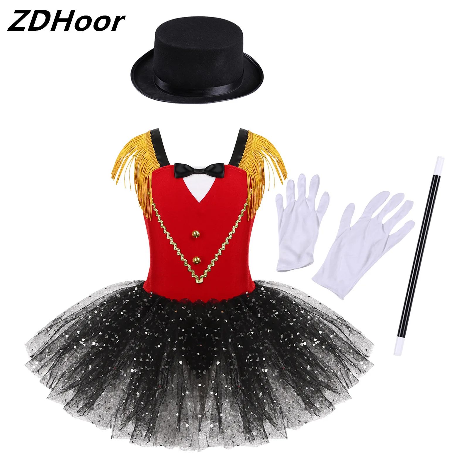 

Kids Girls Circus Costume Set Tassel Shoulder Straps Bowtie Tutu Leotard Dress with Hat Magic Wand Gloves for Cosplay