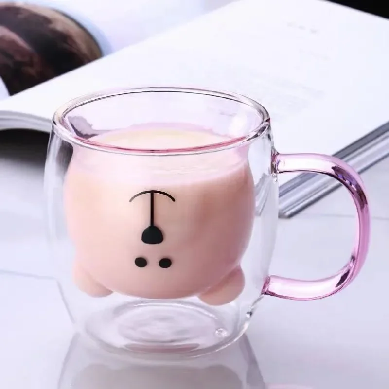 Cartoon Bear Glass Cup Double layered Coffee Milk Juice Cup Women Accessories Wholesale Desktop ornament  Kitchen supplies