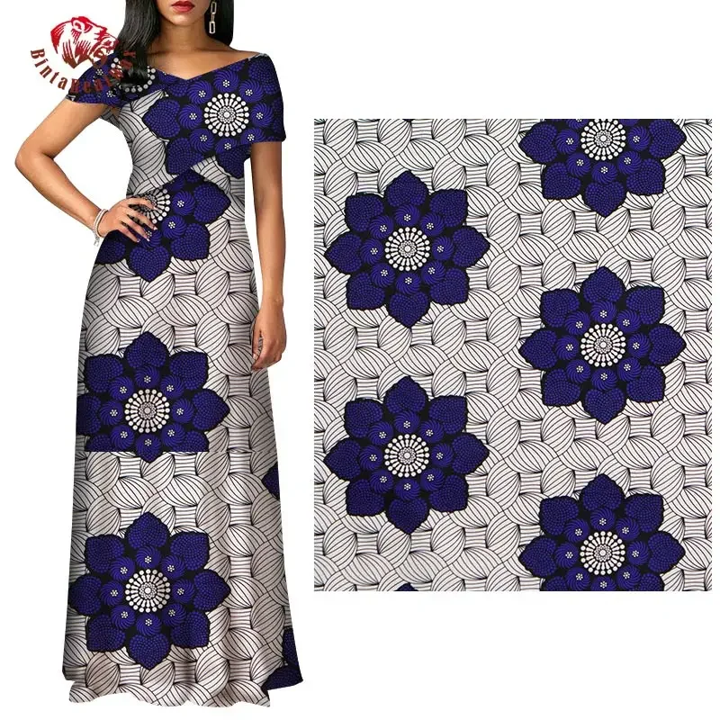 BintaRealWax Ankara Fabric Whtie background Africa Polyester Material Print Blue Flower African Fabrics for Dress FP6343 A-2