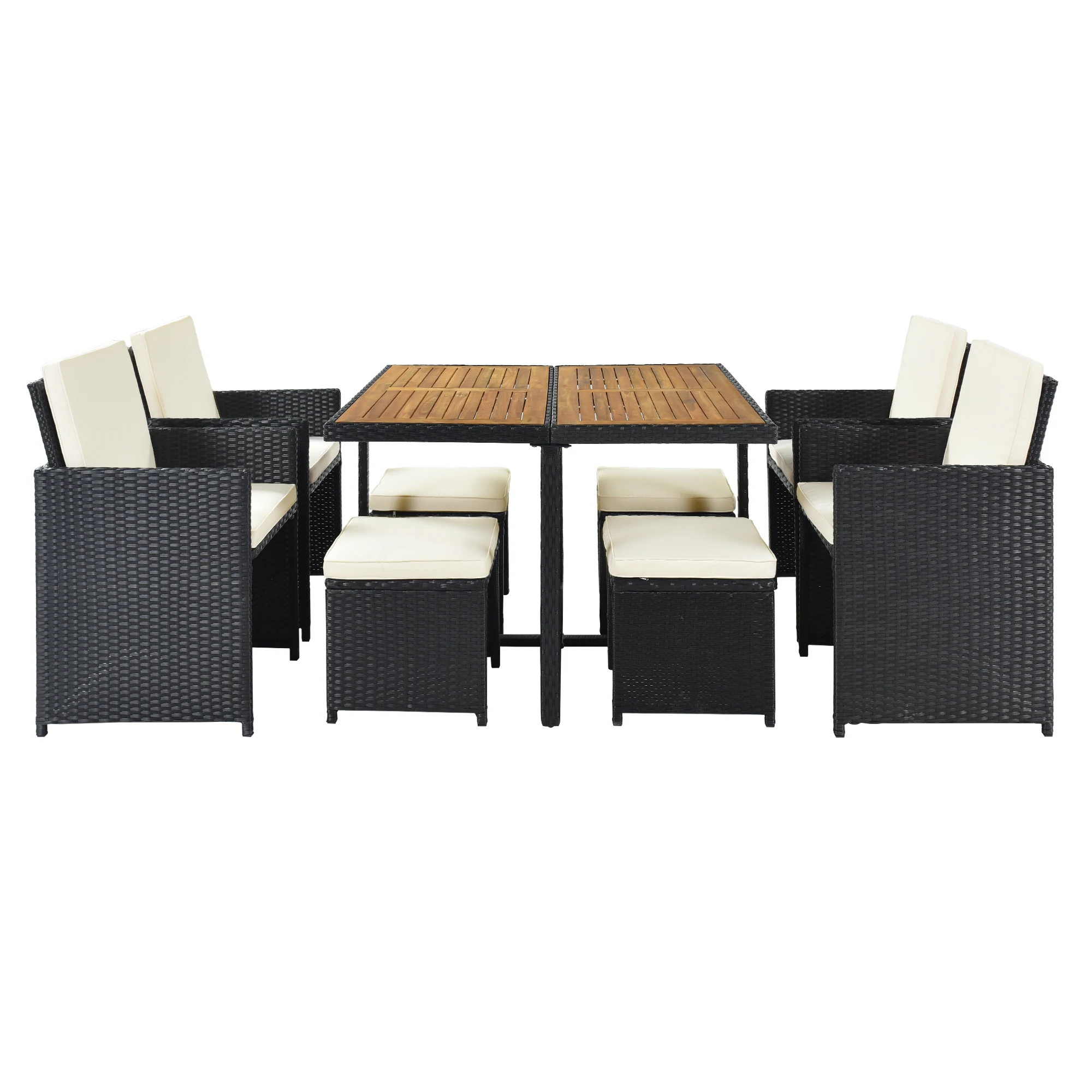 Patio All-Weather PE Wicker Dining Table Set with Wood Tabletop for 8, Black Rattan+Beige Cushion (9-Piece)