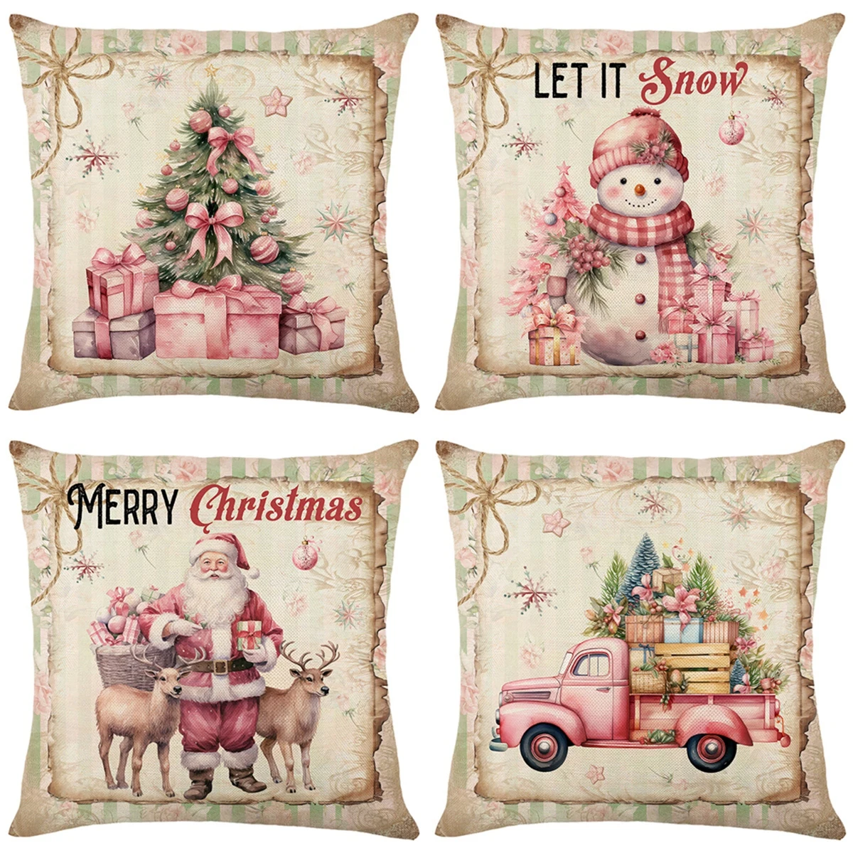 Christmas Pink Santa Claus Pillowcase Navidad Natal Noel Snowman Cushion Cover Merry Christmas Decor For Home 2024 New Year 2025