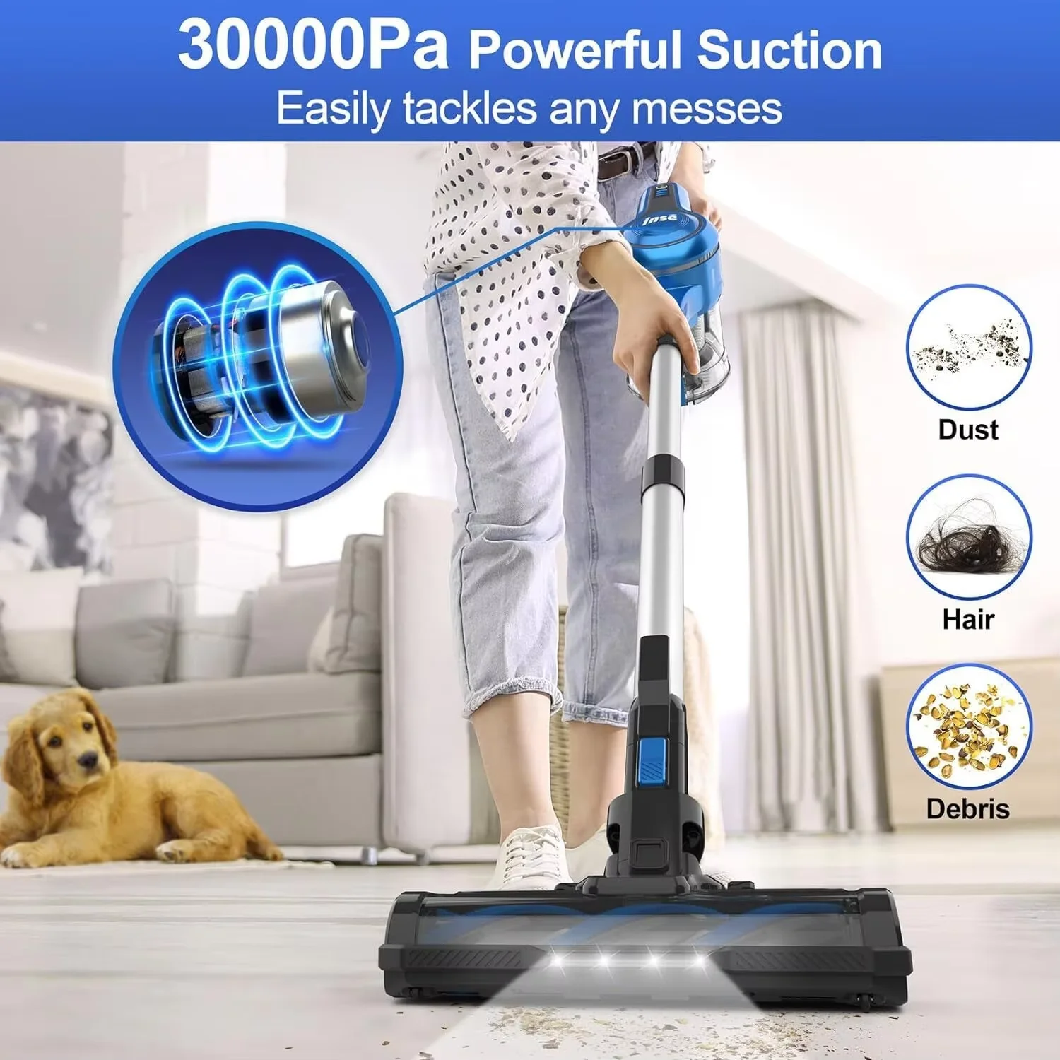 INSE S63 Cordless Vacuum Cleaner 30Kpa Powerful Suction Stick Vacuum 2 Batteries Up to 90min Runtime for Hardwood Floor Pet Hair