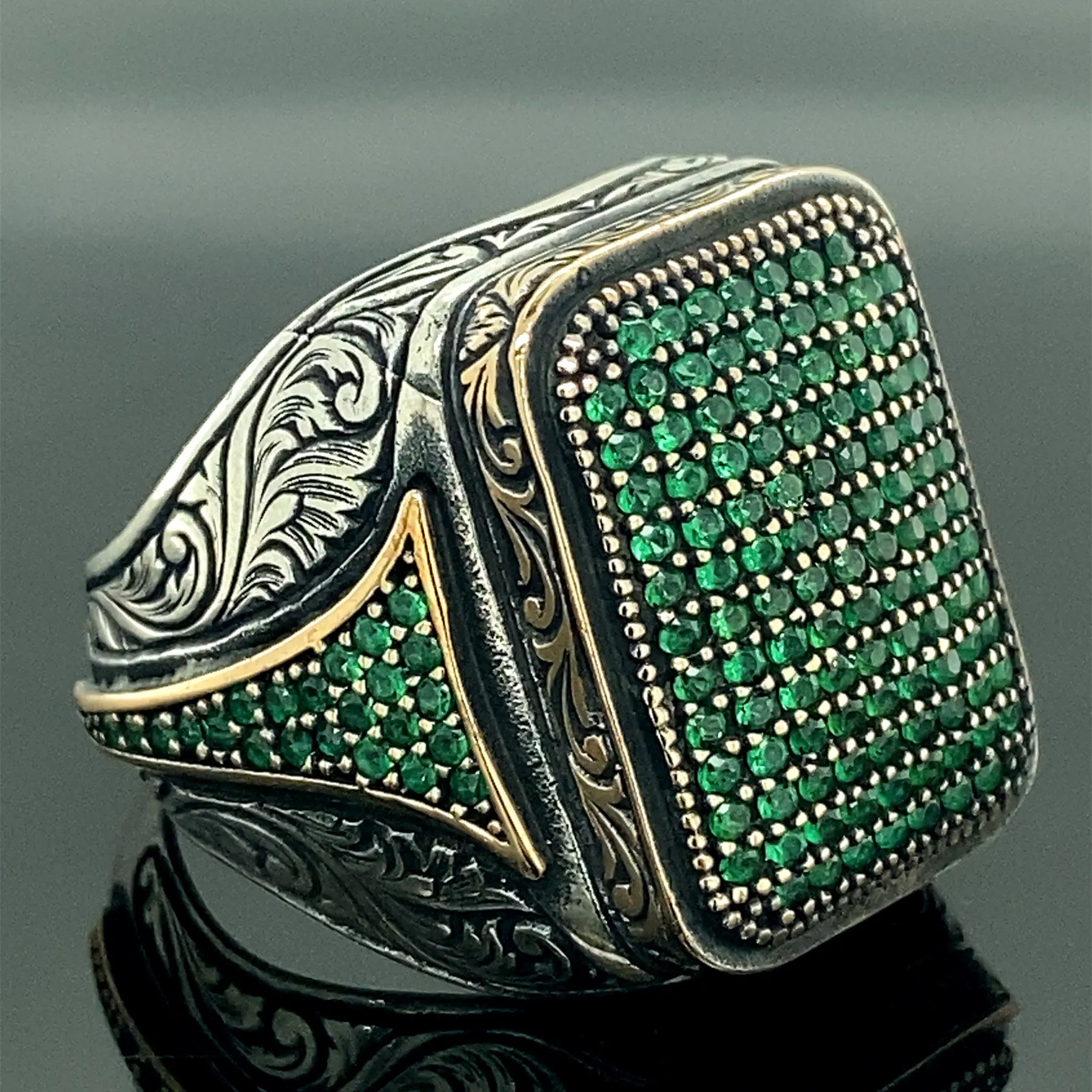 

Men Emerald Stone Ring , Green Stone Ring , Vintage Style Ring , Micro Stone Ring , Ottoman Style Ring