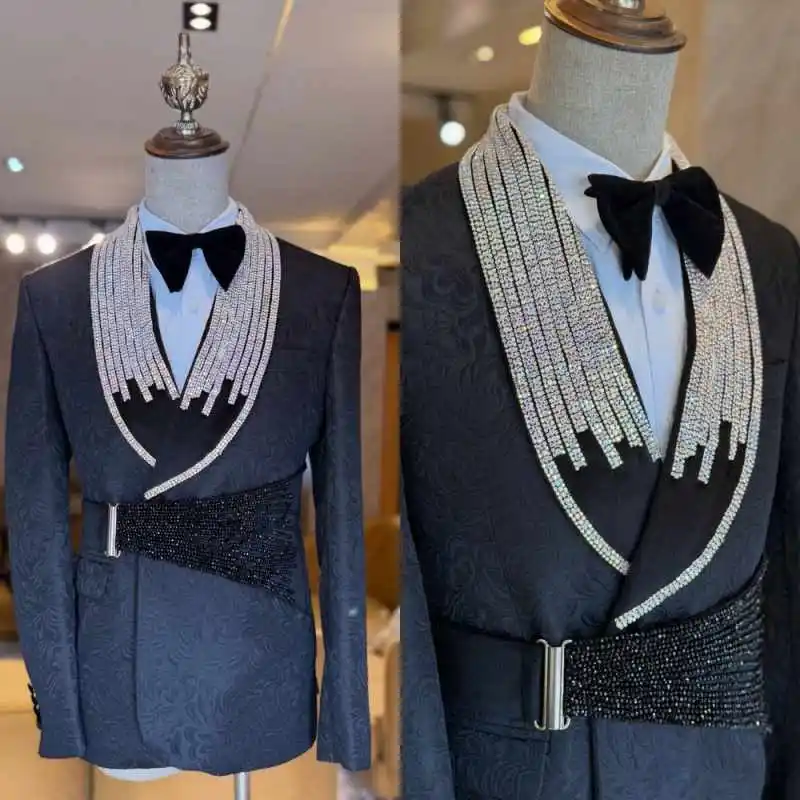 

Luxury 2 Pieces Men Wedding Tuxedos Shawl Lapel Jacket Sets Jacquard Classic Fit Crystals Business Party Customized