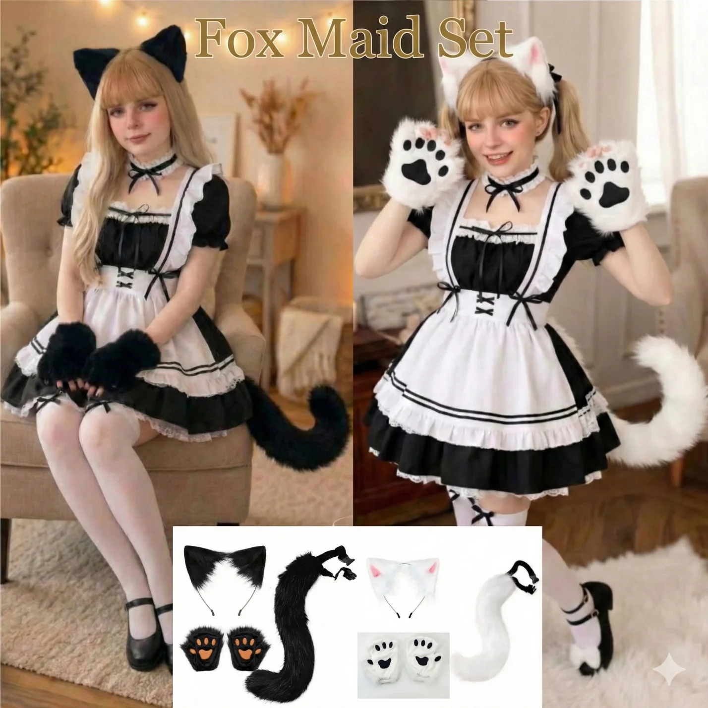 

Gothic Lolita Maid Dress Set Women Anime Cosplay Halloween Costume Black White Fox Ears Tail Gloves Fancy