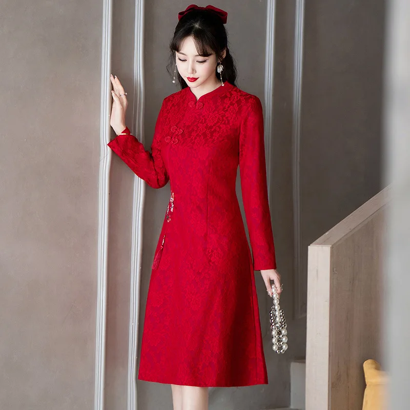 

FZSLCYIYI Vintage Embroidery Chinese Red Chiffon Qipao Casual Party Dress Summer Long Sleeve Cheongsam