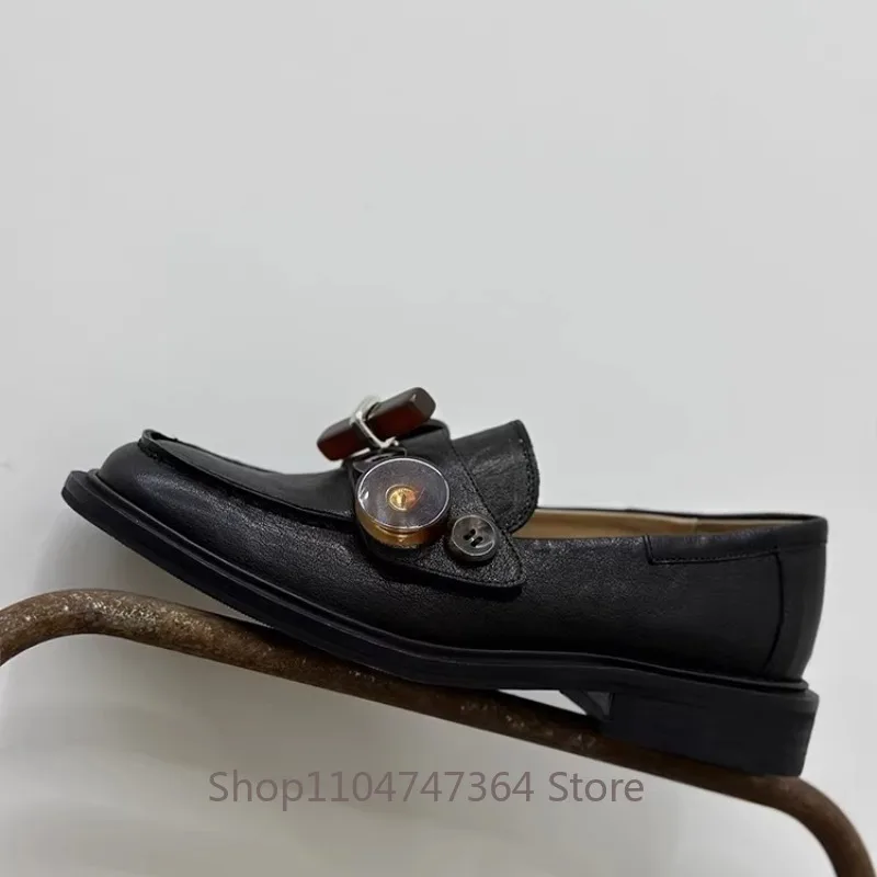 

Design Fashion Spring/Summer Genuine Leather British Black Retro Loafers Shoes Women Loafers Office Cowhide Female Leather Shoes
