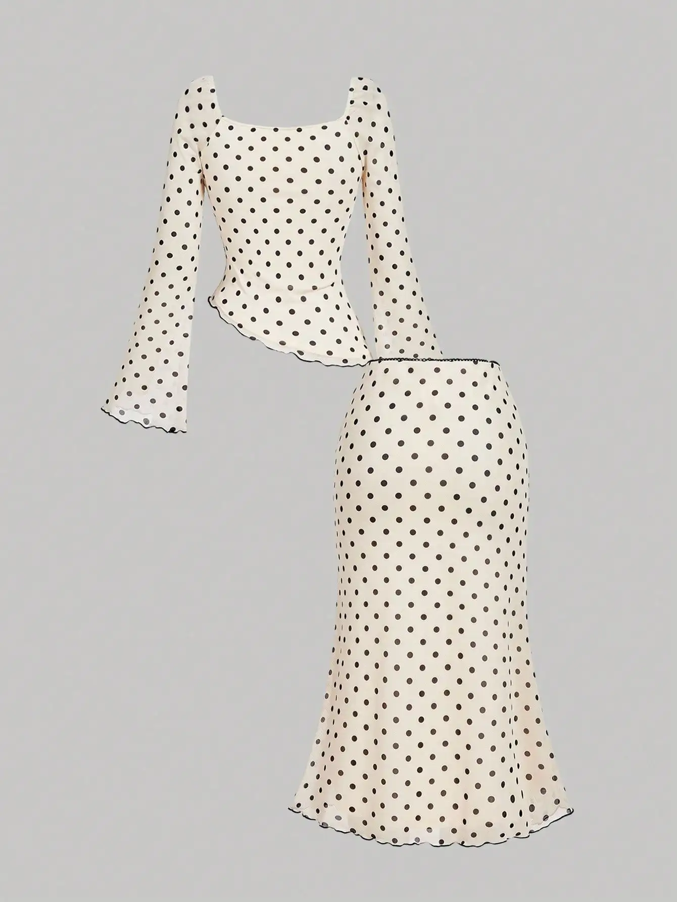 여성용 폴카 도트 2피스 세트(보타이 탑 & 미디 스커트), 가을/겨울 파티를 위한 시크한 의상