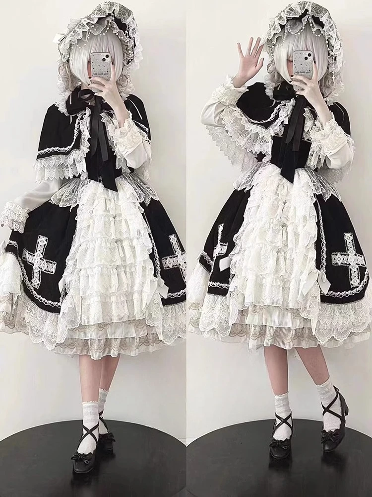 Halloween Gothic Retro Dress Female Elegant Lace Edge Princess Suspender Dress Jsk Cape Bnt Suit Women's Lolita Cosplay Dress - Image 2
