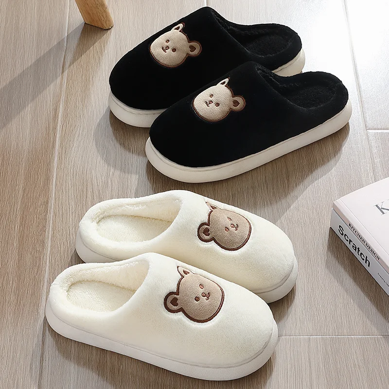 Cute Bear Cotton Slippers for Woman Winter Indoor Non-slip Slides Plush Warm Men Home Sandals Flat Shoe Couples Flip Flops