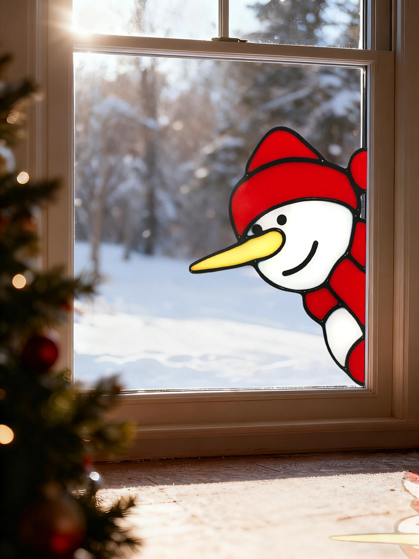 Christmas Snowman Acrylic Window Sticker, Cute Snowman with Red Hat & Scarf Design, Festive Decal for Xmas Home and Window Decor
