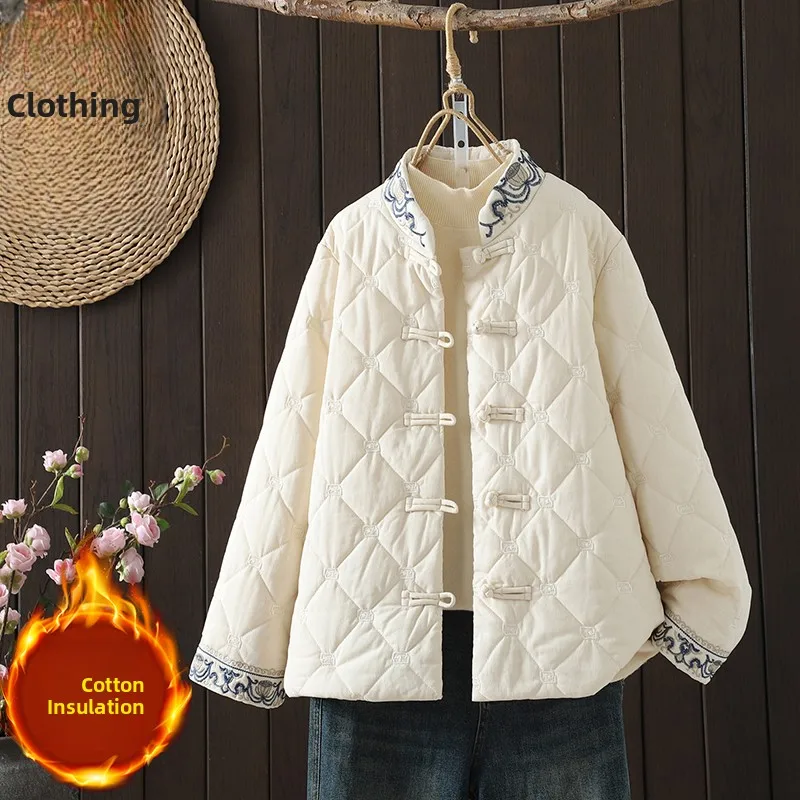 秋冬中国風青と白の磁器ボタン刺繍スタンドカラーコットンジャケット女性用エスニックピュアカラー