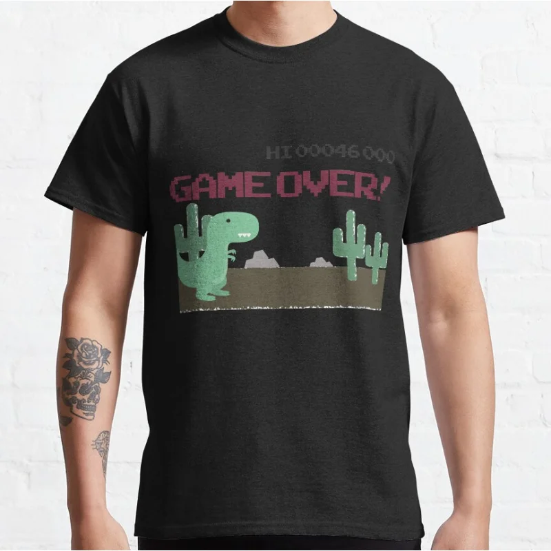 

Gameover Funny offline t rex 90s cartoon pixel video game dinosaur T-shirt for men large size Adult Tops S-6xl