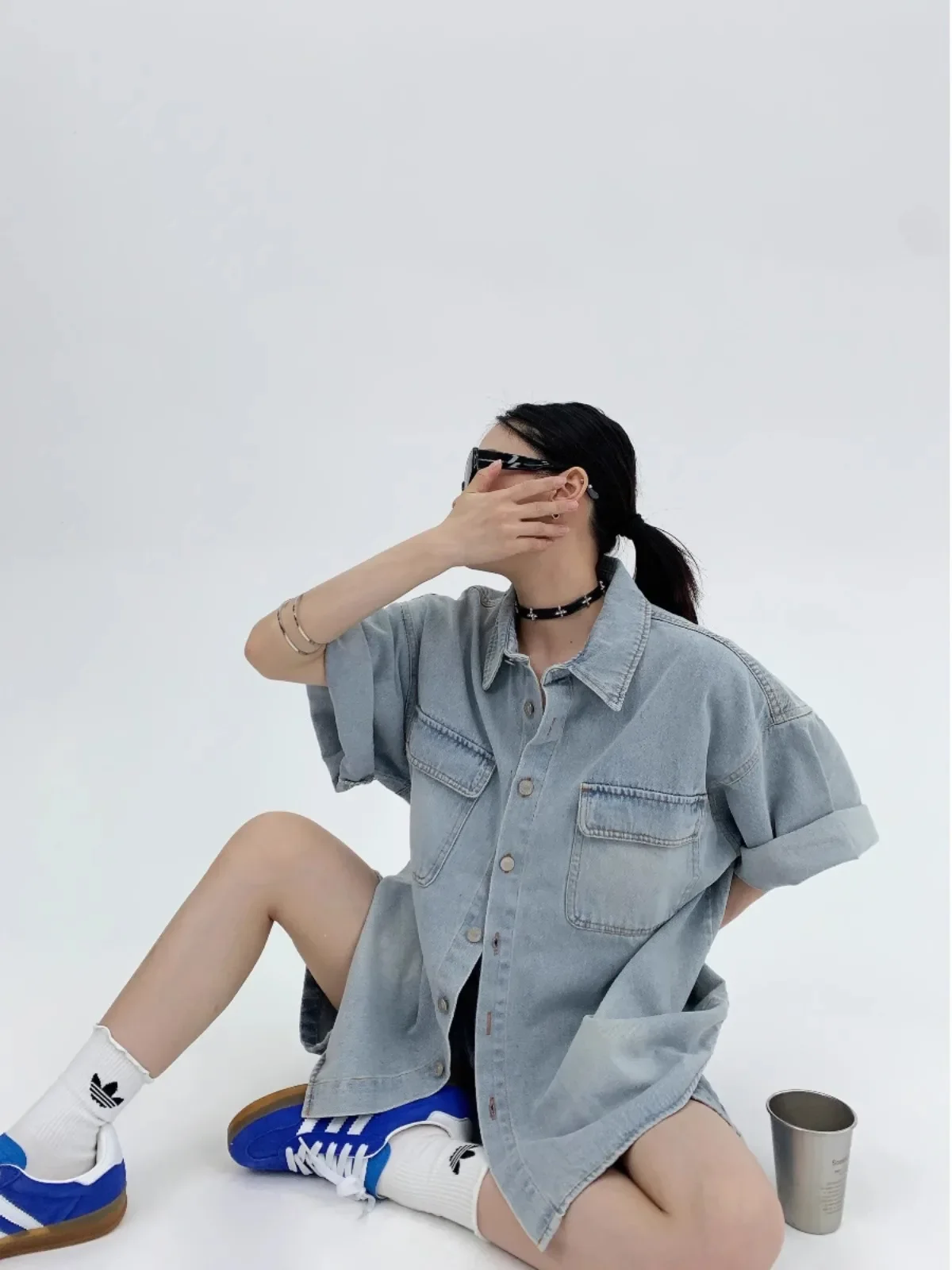 

American Style Denim Couple Shirt Summer New Item, Collar Retro Light Blue Washed Loose Short Sleeved T-Shirt