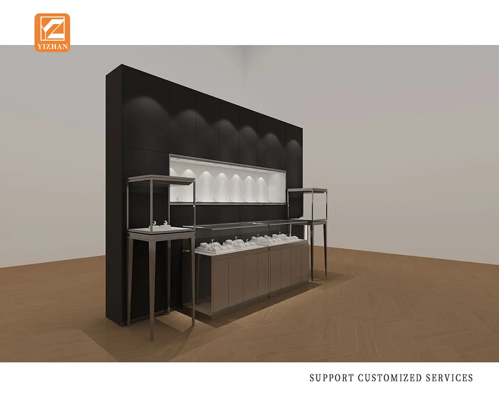Luxury Stainless Steel Store Furniture LED Light Glass Jewelry Display Showcase Acrylic Glass For Retail Store Use