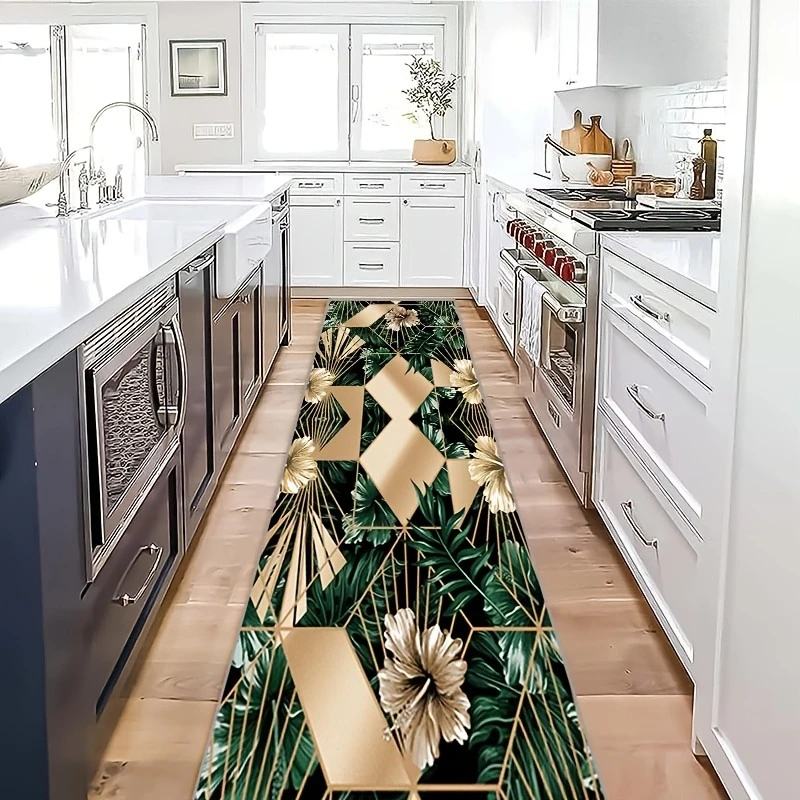 Gold Geometric Tropical Palm Leaf Kitchen Runner Rug  Golden Hibiscus Flower Print Non Slip Waterproof Long Floor Mat