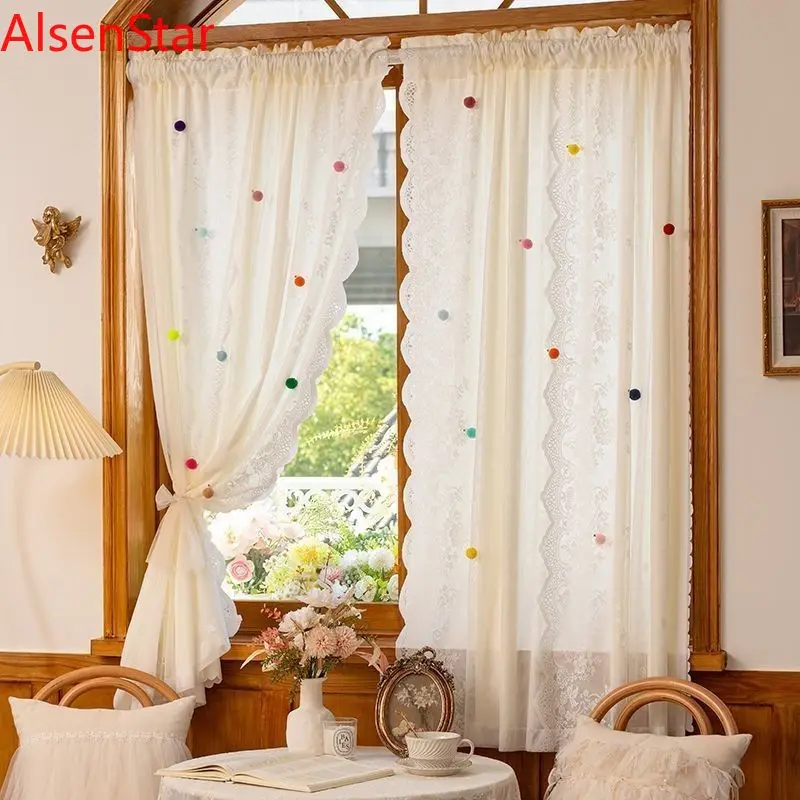 French Pastoral Double Lace Gauze Curtain Princess Children's Room Decoration Girl Bedroom Bay Window Balcony Door Curtain
