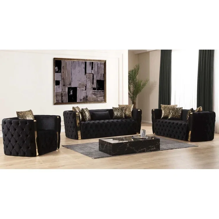 Super Modern Italian Velvet Sofa Set 3 2 1 Seater Upholstered Sofas with Tufts for Living Room