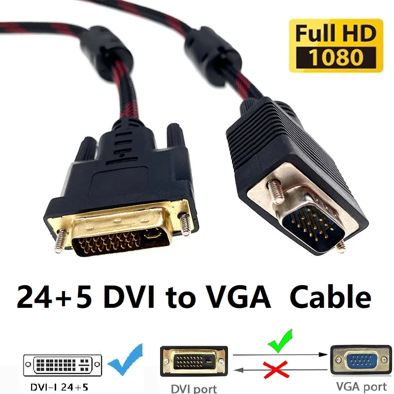 

DVI to VGA Cable 1080P 60Hz DVI-D 24+1 to VGA Cable Male to Male 24+5 DVI to VGA Cord for Monitor HDTV Projector Computer Laptop