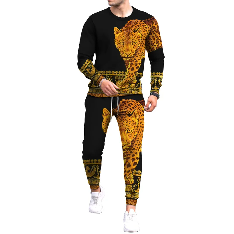 Fashion Animal Leopard Lion 3D Print Men\'s Sportswear Set Long-Sleeved T Shirt Pants 2-Piece Set Oversized Pullover Men Clothing