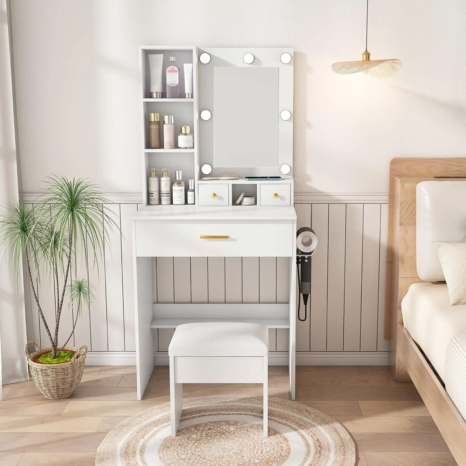 #Small Lighted Vanity Desk with Power Strip, Hairdryer Holder, Stool, Drawers & Shelves, Compact Bedroom Makeup Table