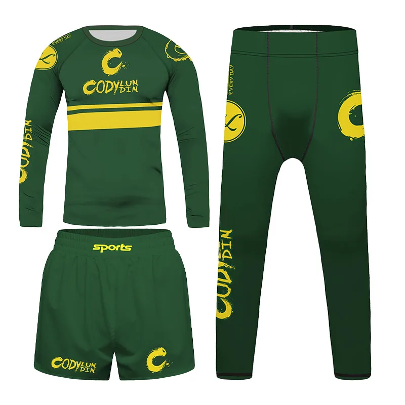 Youth Kids BJJ Rashguard Set 4-12Y, Jiu-Jitsu Wrestling Grappling, Long/Short Sleeve Compression Top + Shorts + Leggings for MMA