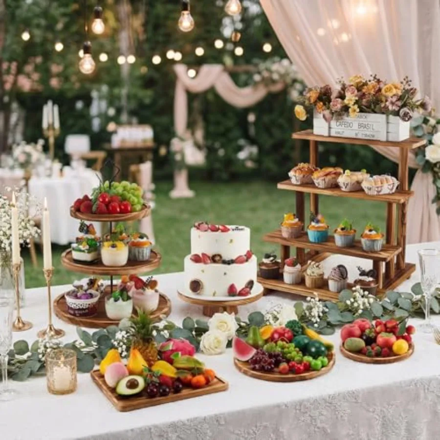 Dessert table display stands set of 6, wood material, brown color, 3-tier stacking design for bakery and catering use