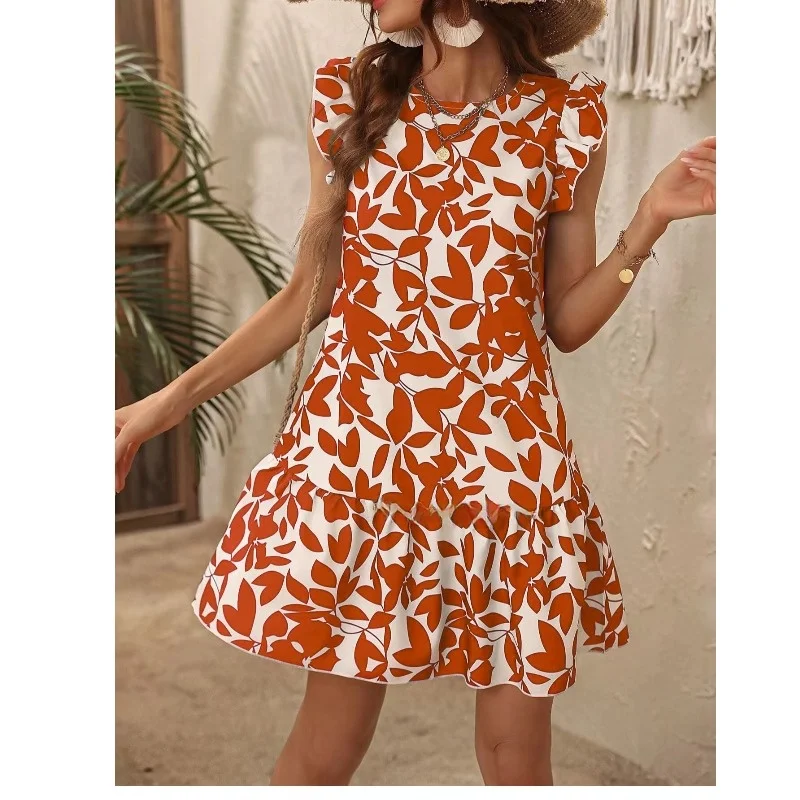 Modny letni nadruk, okrągły dekolt, krótki rękaw, z motywem i bufiastymi rękawami, urocza spódnica dla młodych kobiet.