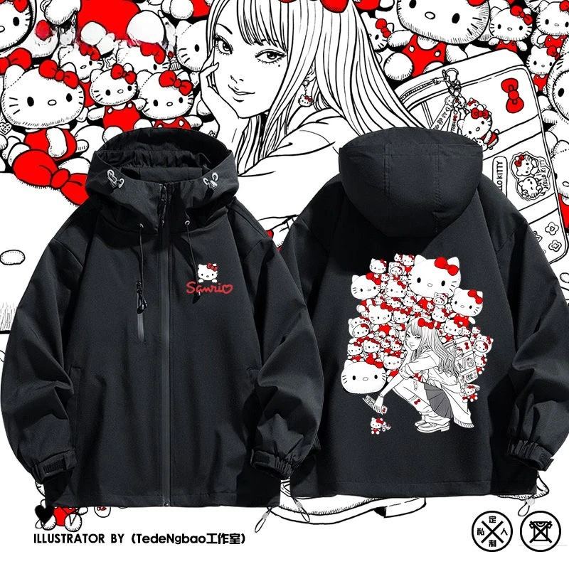 

Новинка 2025 года, аниме-периферия Sanrio Hellokitty, ветровка, куртка с капюшоном, весна-осень, женские свободные топы с кавайным покрытием, праздничные подарки