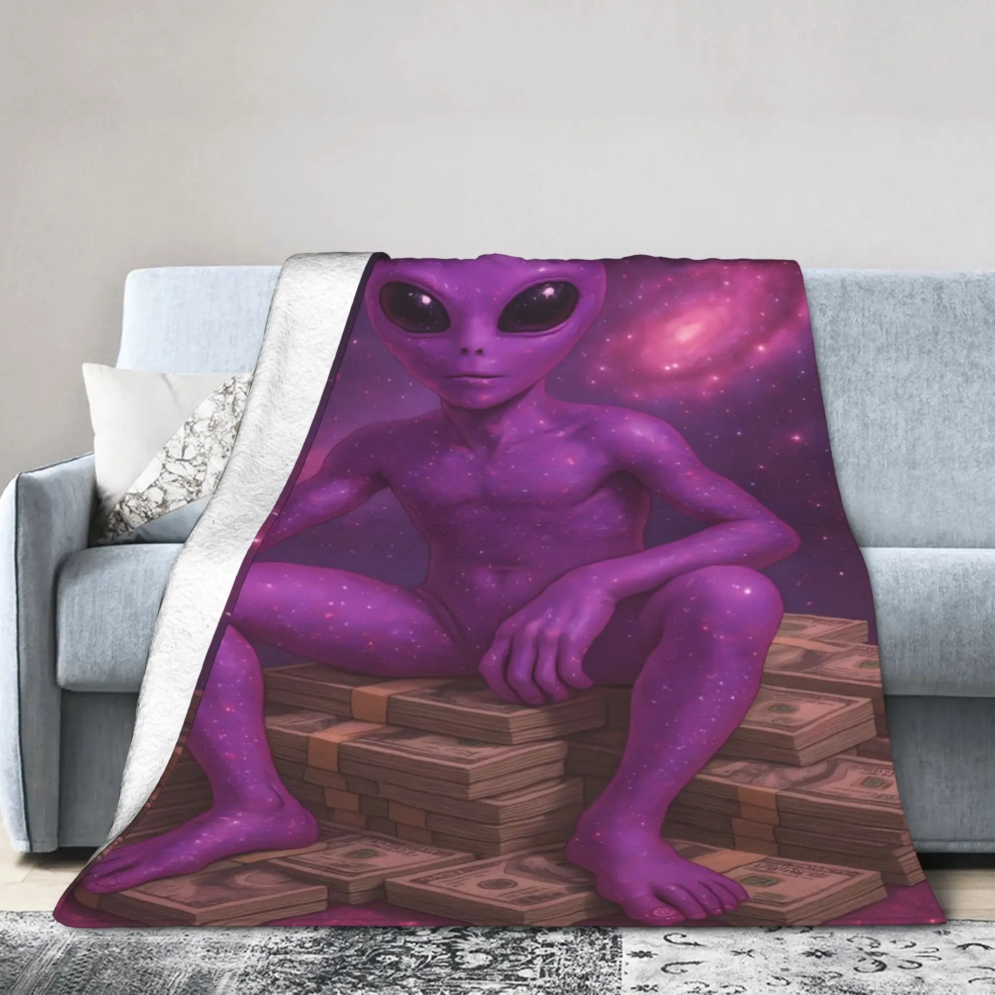 Warm Soft Throw Blanket Purple Sparkly Alien Sitting On Stacked Cash Smoking Cigar Galaxy Blanket Flannel Bedspread