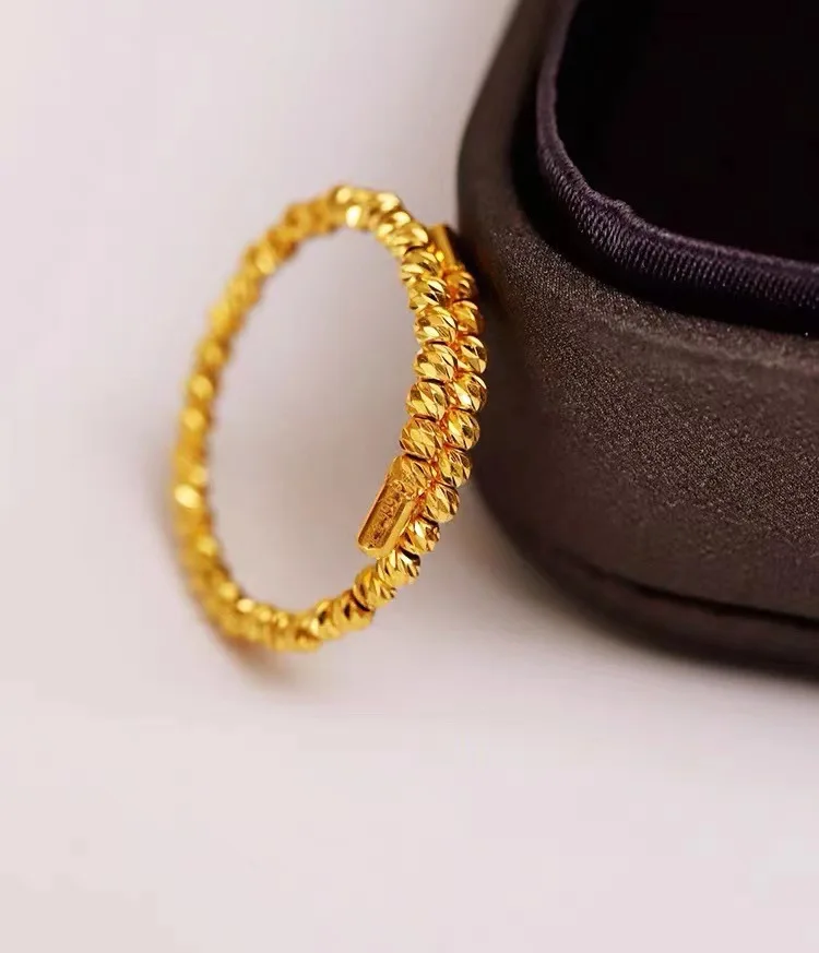 Au999  Yellow gold new female fashion burst flash gold beads fine circle elastic memory open ring