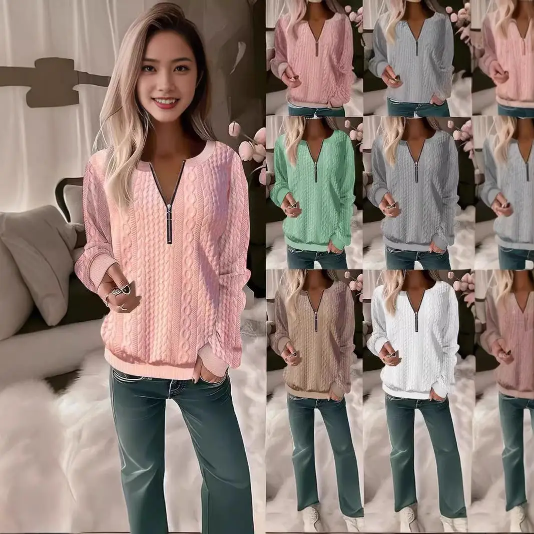 

Women's Long Sved Collar Zipper Tshirt Top Slim Fit Sweatshirt Casual Comfortable Female Clothing Winter Season Regular Sleeve