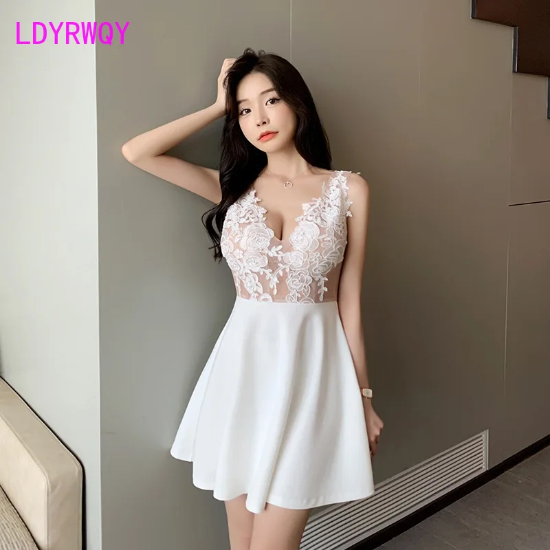 2022 Sexy Deep V lace embroidered dress temperament slim and low-cut belly cover A-line skirt night show see-through female
