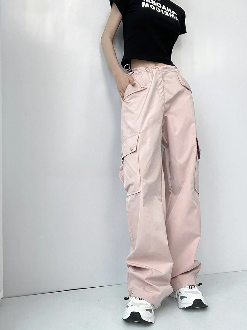

Sexy Cool Low Waist Side Drawstring Work Pants Women's Summer Loose Paper Bag Pants Pink Wide Leg Pants Casual Fashion