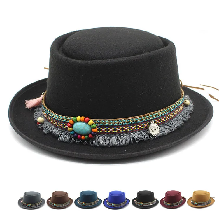 

New Ethnic Women Jazz Hat Flat Top Brim Tophat Traditional Fashion Pork Pie Hat Tassel Ribbon Church Trilby Lady Fascinator Hat