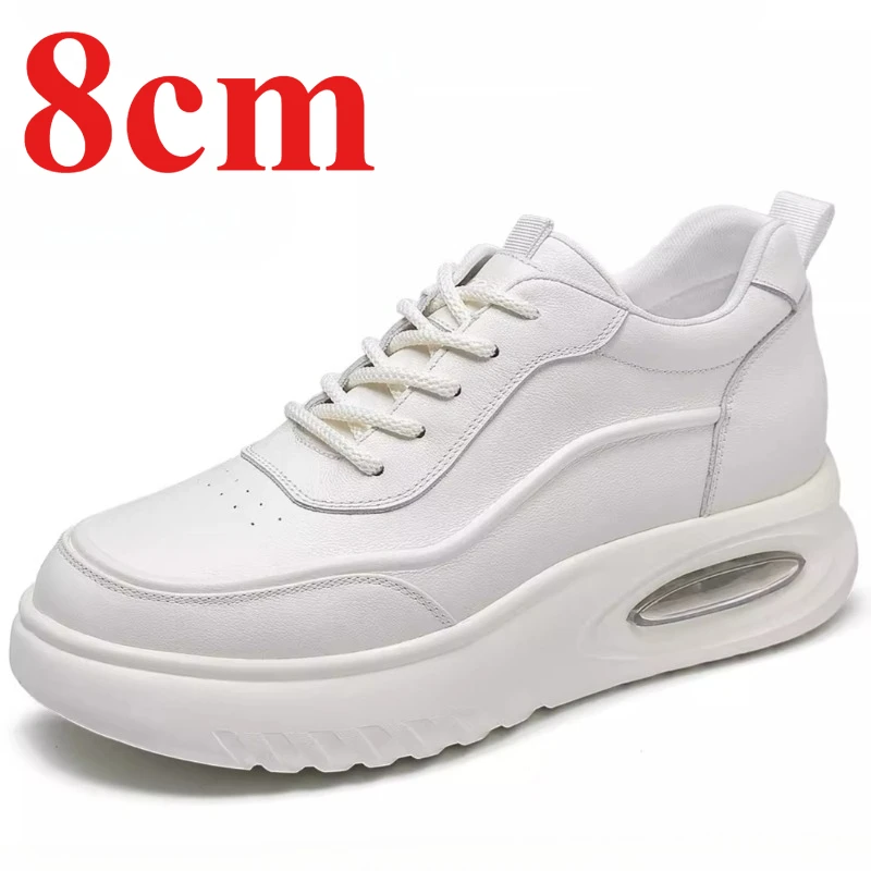 Male White Casual Sneakers Board Shoes for Men's 8cm Height Increasing Shoes Genuine Leather Breathable Comfortable Sports Shoes