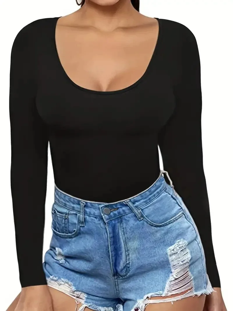 Women\'s 1XL-5XL Plus Size Solid Slim Fit Long Sleeve Tee Everyday T-shirt Large Round Neck Slim Fit Long Sleeved Top