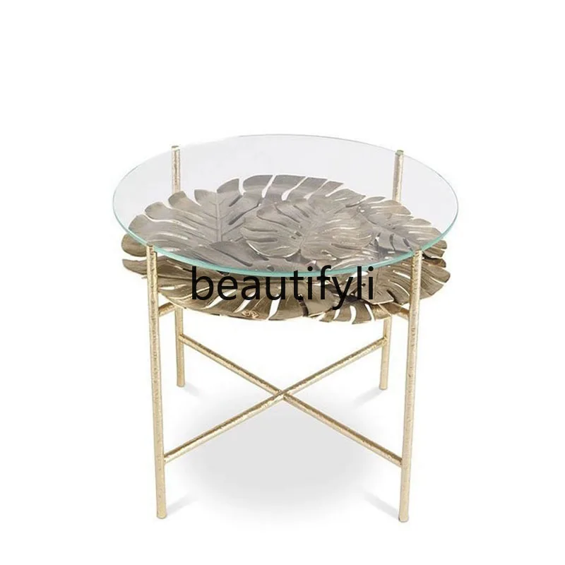 

Italian light luxury pure copper coffee table brass glass leaf shape luxury edge table