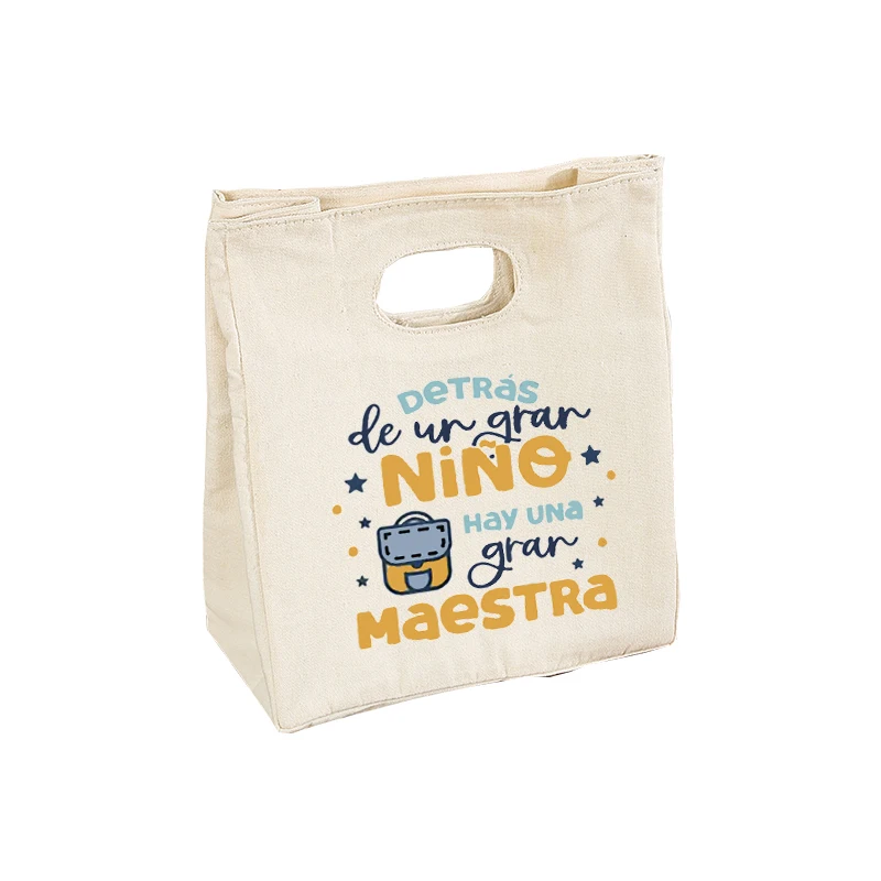 Hiszpański nadruk Cooler Lunch Bag Przenośna izolowana płócienna torba termiczna Torebka szkolna Piknik Torba do przechowywania żywności Prezenty dla nauczyciela — zdjęcie 2