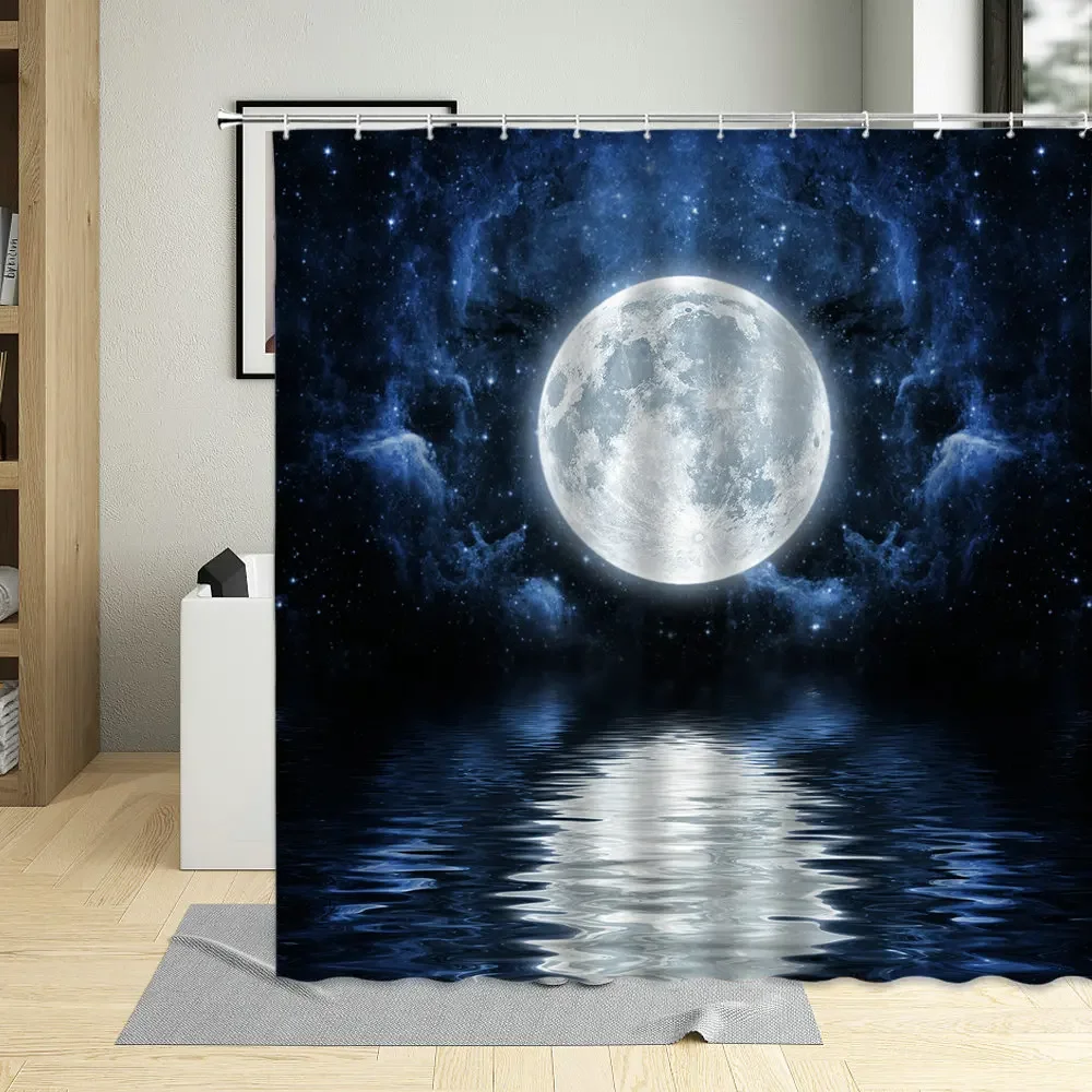 Shower Curtain Peaceful Background Blue Night Sky Moon Stars Beautiful Clouds Sea Surface Pattern Bathtub Curtains With Hooks