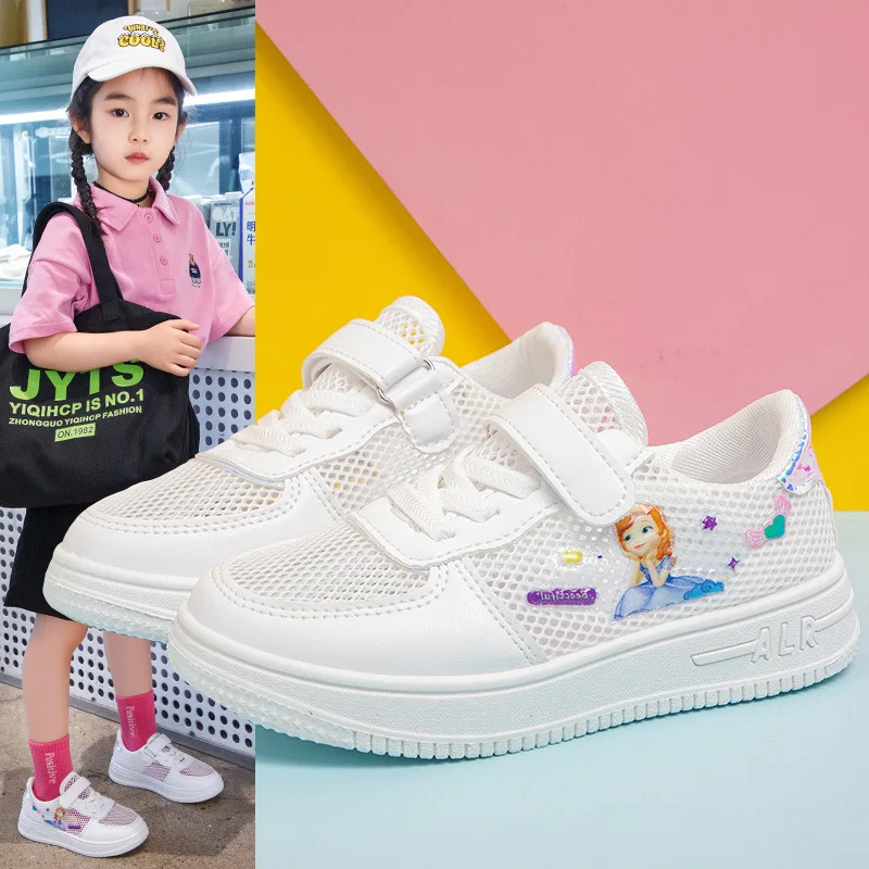 Summer Kids Girls Mesh White Shoes Princess Anime Character Board Shoes scarpe Casual bambini Mesh Sneakers antiscivolo traspiranti