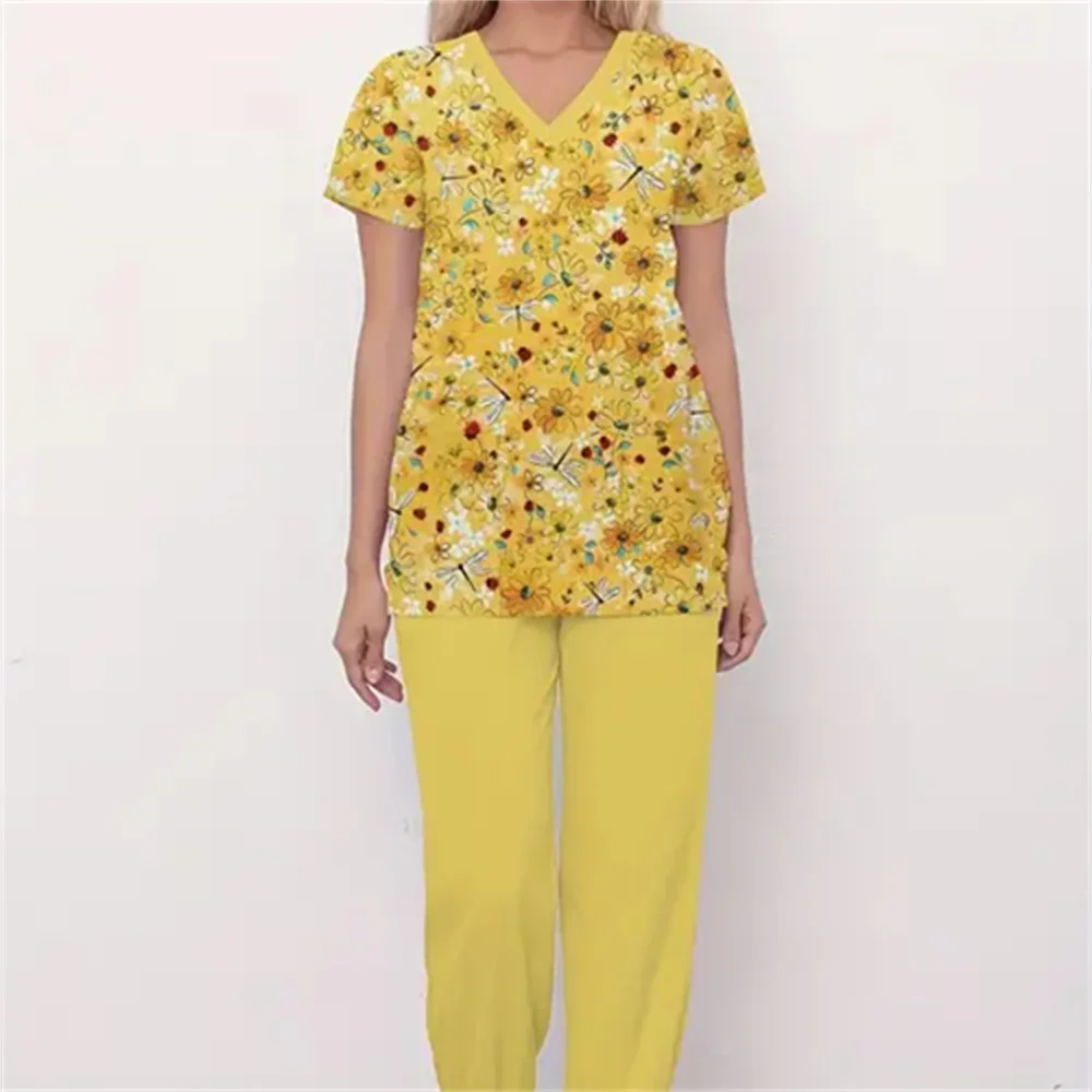 Conjunto esfoliante feminino com estampa de margaridas – uniforme de enfermeira floral 3D elegante, tecido de poliéster confortável, decote em V, manga regular, curto
