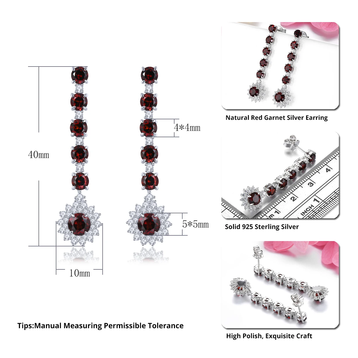 Natural Garnet 925 Sterling Silver Earrings 4.5 Carats Genuine Gemstone Fashion Style Fine Jewelry for Anniversary Gift