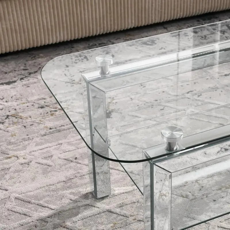 Modern Rectangle Glass Coffee Table for Living Room, Tea Table for Waiting Room, Stylish Side Table with Mirrored Stainless