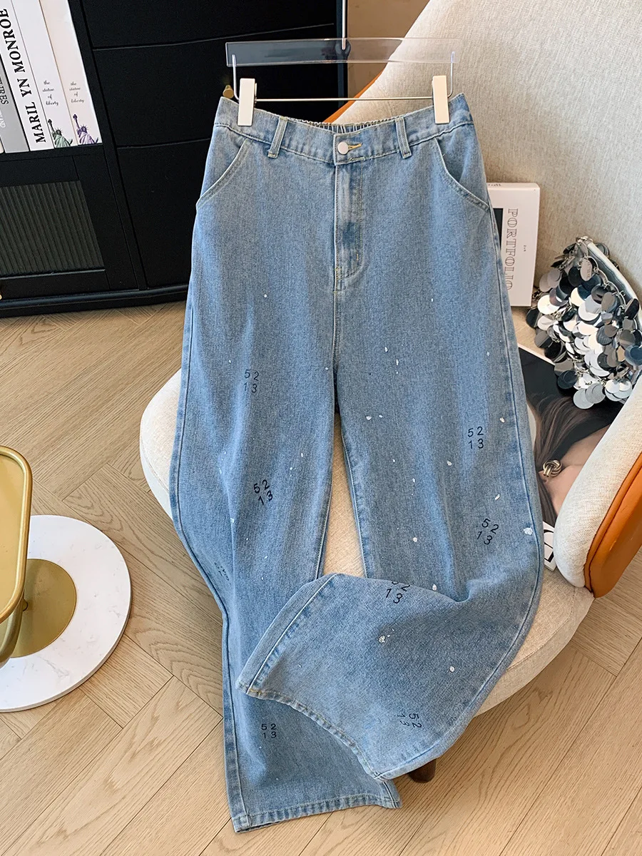 140Kg Plus Size Women\'s Hip 136 Spring Autumn Loose Printed Jeans High Waisted Wide Leg Denim Pants Blue 2XL 3XL 4XL 5XL 6XL