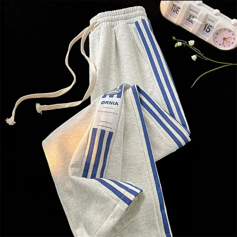 Spring Autumn Trousers 2023 New Loose Fashion Pocket Straight Wide-leg Pants Three-Bar Sports High-Waisted Casual Pants Female